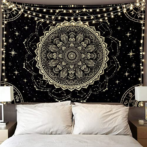 FLY SPRAY Black Golden Mandala Tapestry Astrology Space Wall Hanging Tapestries Wall tapestrys Large Aesthetic Hippie Decor Bohemian Art Boho Home Talestry for Bedroom,Living Room,Ceiling