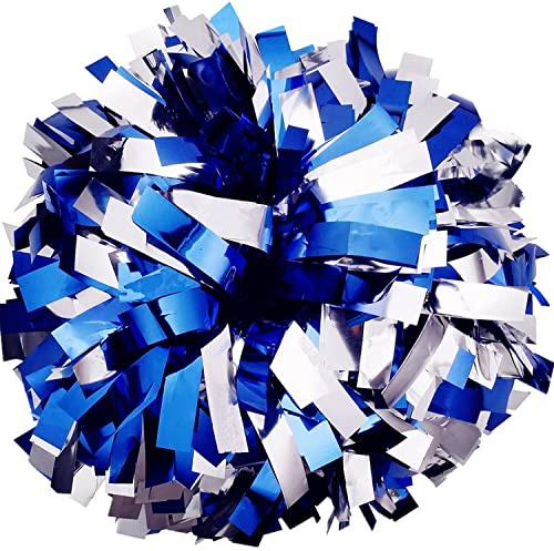 GUIFIER 1 Paar 6 Cheerleader Pompons Handblumen, Metallic Cheerleading Pom Poms, Cheerleader Pom Pom Cheerleader, Cheer Tanz Pompoms Cheerleader Puschel für Sport Teamgeist, Ballspiele-Blau un Silber