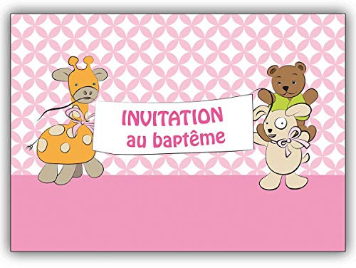 4 Karten: Französische Mädchen Einladung zur Taufe mit Stofftieren: Invitation au baptême-niedliche Baby Party Karte, um Verwandte und Freunde einzuladen, individuelle Babykarte