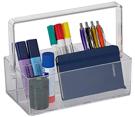 Relaxdays Organiseur à poignée, 4 Compartiments, Plastique, Rangement Bureau et cosmétiques, Portable, Transparent