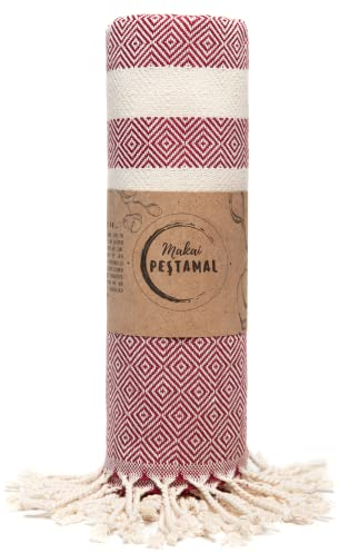 Makai Asciugamano per hammam, 100% cotone, pestemal, XXL, 95 x 200 cm, asciugamano da sauna, telo da bagno, telo da bagno, telo da picnic, telo da yoga, telo doccia (rosso merlotto, cotone)