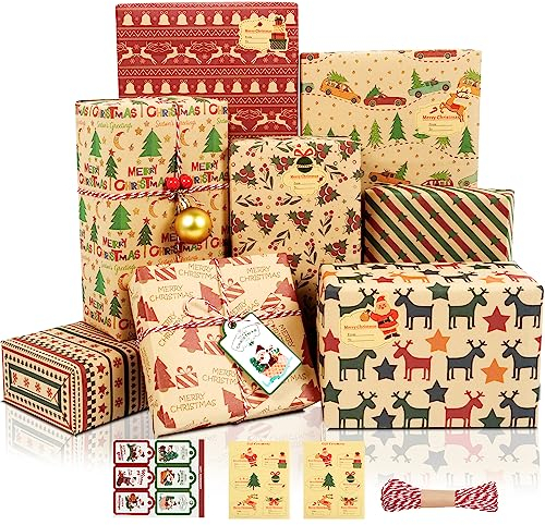 Geschenkpapier Weihnachten Set, 8 Blatt Recycling Geschenkpapier Kraftpapier Weihnachten mit Anhänger Aufkleber, Weihnachtsgeschenkpapier Geschenkverpackung für Geschenke, Kunst & Handwerk, 50x70cm