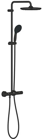 GROHE Vitalio 250, Duschsystem wassersparend 8l pro Min (Regendusche mit Thermostat und schwenkbarem Kopfbrause, Sicherheitssperre bei 38°C, Duschset mit Antikalk-System), rund, schwarz, 266772431