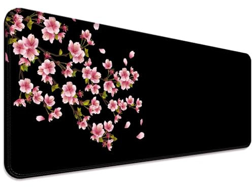 JIANG100 Japanische Kirschblüten-Gaming-Schreibtischmatte, Computer-Tastatur, großes erweitertes Blumen-Mauspad für Büro und Zuhause, 80 x 30 cm, XL, Schwarz