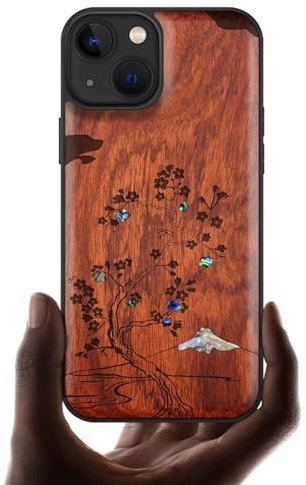 Carveit Coque Magnétique pour iPhone 13 Étui de TPU, Gravure en Bois et Incrustation de Coquille Cover Compatible Magsafe avec 13 Coque (Rosé-Fleur de Cerisier)