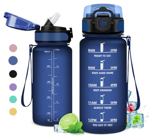 Borraccia Bambini 500ml, Bottiglia d'acqua Sportiva con Indicatore del Tempo Motivazionale, senza BPA, Borraccia Bambina, 1 Clic Aperto, Borraccia Acqua con Cannuccia per Bambini, Scuola, Palestra