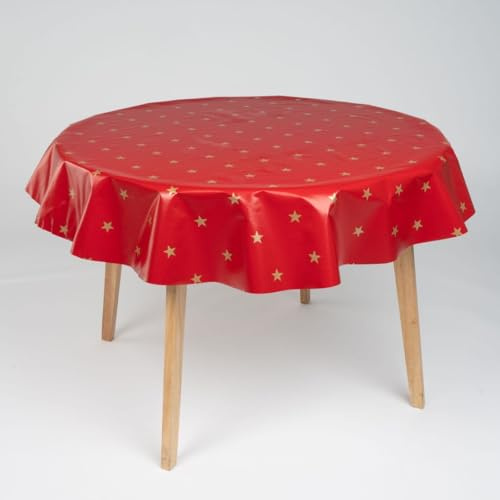 laro runde 140 cm Wachstuchtischdecke wachstischdecke abwashbar PVC tischdecke Wachstuch wasserabweisend Garten tischdecke, Muster:Weihnachten Sterne Gold Rot, Größe: Rund 140cm