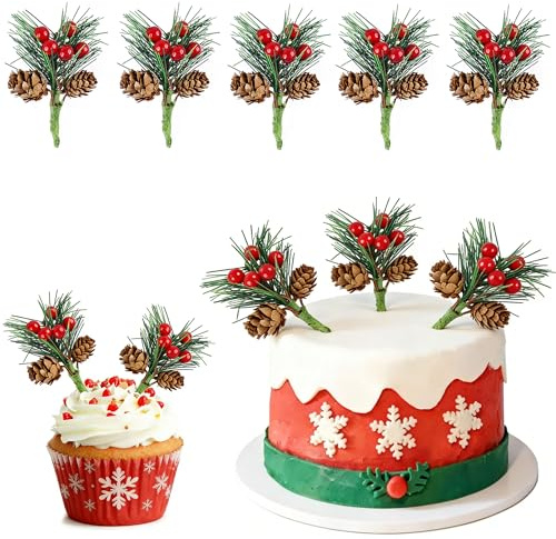 Blumomon 5pcs Artificial Plant Cake Topper Merry Christmas Cake Decoration Picks for Christmas, Birthday, Baby Shower & Party Supplies