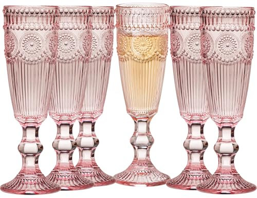 XKXKKE 6 Pcs 5 Ounces Glass Champagne Flutes, Vintage Flower Embossed Colored Glass Sparkling Wine Glasses for Champagne, Cava, Prosecco, Party, Wedding, Bar Fancy Glasses Set of 6 Pink