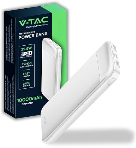 V-TAC Power Bank 10000 mAh con Carga Rápida PD 22.5W - Cargador Portatil - Batería Externa Delgada con Puerta USB Type-C y 2 Puertas USB-A - Compatible iPhone, iPad, Samsung, iPad, Xiaomi - Blanco