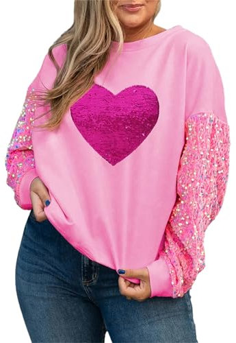 SANSIWU Women Sequin Valentine's Day Sweatshirt Cute Heart Long Sleeve Pullover Top Sequin Cute Holiday Sweatshirt (Cute Fuchsia, XL)