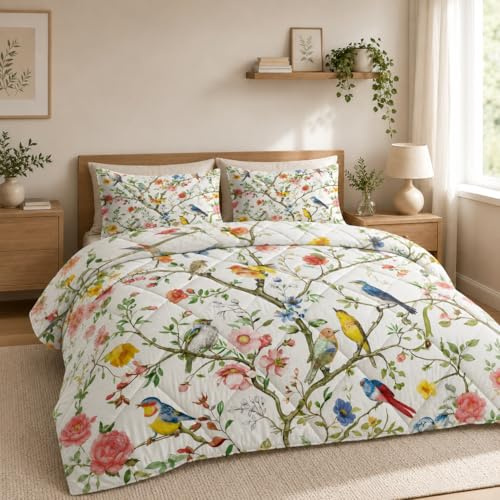 Vögel Blumen Bedruckt Bettdecke 135x200 4 Jahreszeiten, Wende Gartenblumen Steppdecke Schlafdecke Bettdecke ohne Bezug Waschbar,Warme & Weiche Bettdecken, Ganzjahresdecke 135x200 mit 2 Kissenbezug
