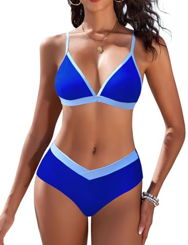 Nadeer Costume Donna Due Pezzi Sexy Costumi da Bagno a V Triangolo Bikini Set Vita Bassa Imbottito Reggiseno Swimwear Beachwear Regolabile(Blu Scuro,L)