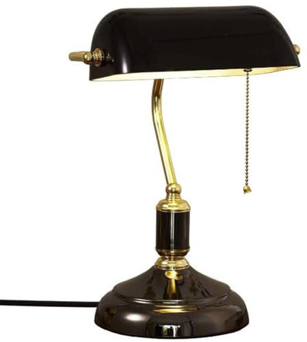 LOGT Retro Tischlampe Banker Glas Schreibtischlampe Schwarz Vintage American Banker Tischleuchte mit Zugschalter Bankerlampe Art Deco der 30er Jahre Nachttischlampe für Büro Bibliothek Studierzimmer