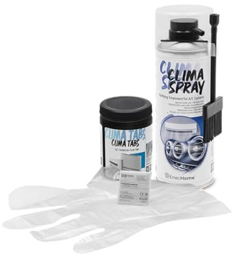 ErrecHome Kit pulizia climatizzatori, include Clima Spray PRO pulitore climatizzatori con pennello erogatore setole dure, Clima Tabs 40 pastiglie per la pulizia dello scarico condensa, guanti