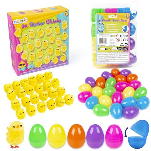 abeec Easter Chicks & Plastic Eggs Bundle | 24 Fluffy Easter Chicks & 24 Colorful Fillable Plastic Eggs | Easter Egg Hunt Kit | Fun Easter Decorations & Basket Fillers | Easter Craft Supplies