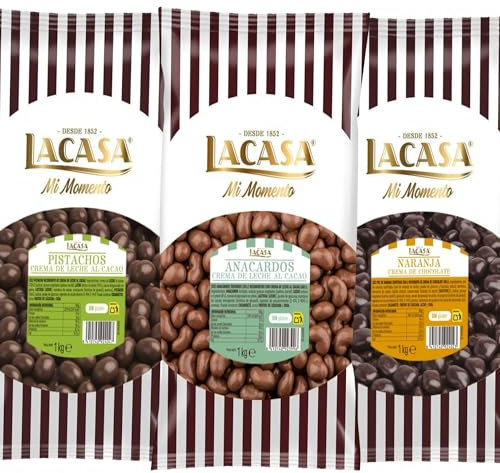 Lacasa Pack 3kg de bolas: Anacardo leche, de naranja con chocolate Negro,Pistachos con chocolate Leche