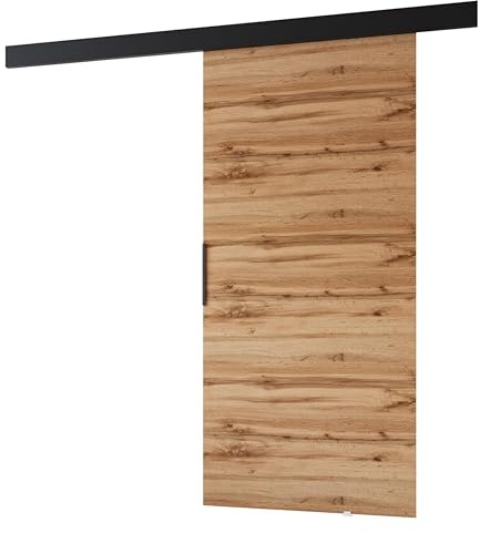 MINIO go for it - Schiebetür PRIM A, Zimmertür 106 cm, Schiebetürsystem, Lacobel, Wandmontage, schwarzer Griff, Farbe: Wotan Eiche/Schwarz