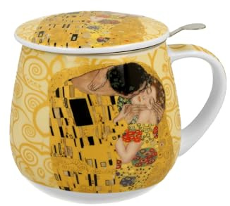 DUO ART GALLERY Becher 430 ml mit Teesieb THE KISS ECRU inspired by Gustav Klimt New Bone China Porzellan