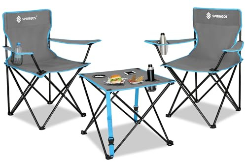 SPRINGOS Set da campeggio con tavolo pieghevole e 2 sedie, borsa per il trasporto, mobili da picnic per esterni con portabicchieri e regolazione dell'altezza, per pesca, balcone, festival