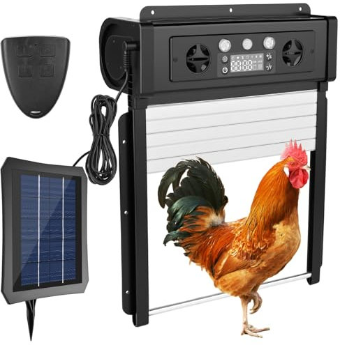Dreamhigh® Hühnerklappe Solar Mit LCD-Anzeige, Automatische Hühnerklappe Mit Timer & Lichtsensor, Wetterfeste Hühnerklappse Mit Fernbedienung Und Klemmschutz Für Den Stall, Zur Hühnerstall