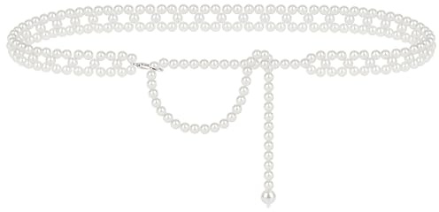 Kedjebälte i plusstorlek för kvinnor, vit pärlmode magmidjekedjor, töjbar extra lång kroppskedja, 130 cm justerbar tjock kroppstillbehör (XL, vit)