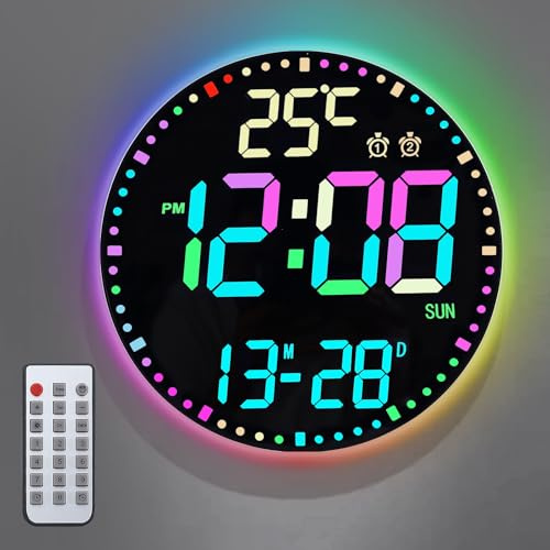 30 cm LED-väggklocka digital med fjärrkontroll, digital väggklocka RGB färgförändring, temperaturdisplay, 2 larm, datum vecka, automatisk ljusstyrka, modern digital klocka för vardagsrum och sovrum