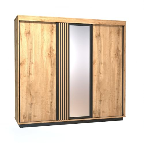 Masseno Schiebetürenschrank KIMA 240/223,8/66cm 3-türig mit Spiegel Eiche Wotan