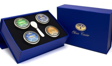 OLMA Classic Caviar Black Caviar Gift Box - Includes 2 oz of Siberian Osetra Aurora, White Sturgeon, Paddlefish, Hackleback Sturgeon Fish Roe & Mother of Pearl Serving Spoon - Overnight Delivery