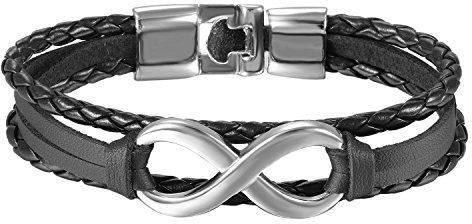 OIDEA Infinity Armband Leder Geflochten mit Karabiner Verschluss, verstellbar Unendlichkeitszeichen Echtleder Edelstahl Armreif für Herren Damen, Schwarz Rot Braun