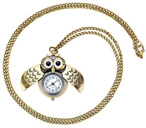 Taffstyle Damen Kinder Halskette mit Uhr Eulen Anhänger Retro Vintage Damenuhr Analoguhr Altgold Gold