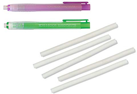 2 Stück KOH-I-NOOR Radiererstifte Radierer Set in Stiftform (GRÜN + LILA) 12,5 cm Lang plus 5 Stück Ersatzradierer