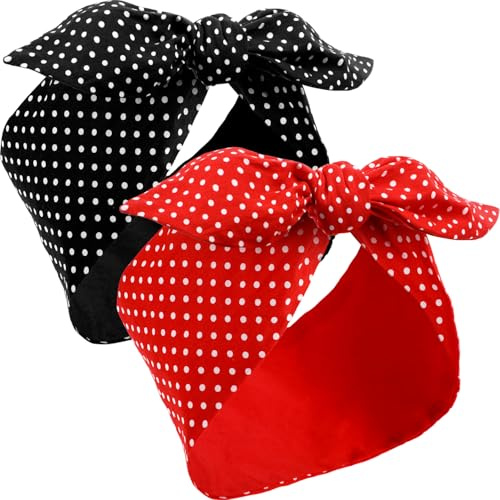 2 Sciarpe Rosse da Donna Sciarpa Testa Retro Anni 1940 Fascia Bandana di Arco Nero Boho Fascia Orecchino Coniglio Vintage Accessori per Capelli Ragazze (Motivo a Pozzi)
