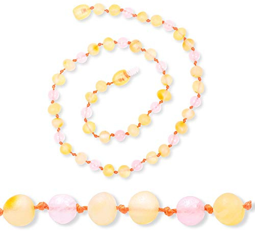 Genuine Baltic Amber Necklace - Raw not Polished Amber wit Rose Quartz Beads - Knotted Between Beads - Rose - 32 cm