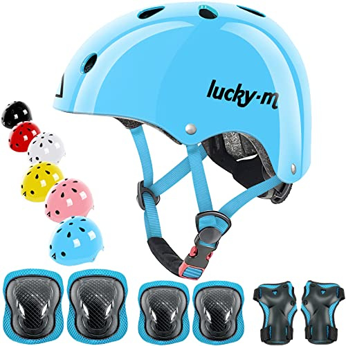Casco per bambini regolabile con ginocchiere, gomitiere e protezioni per i polsi, set di protezione 7 in 1 per bambini e bambine, per skateboard, bici, scooter, hoverboard e così via.