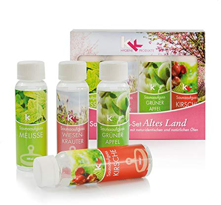 KK Saunaaufguss-Set Altes Land - Made in Germany - 4 verschiedene Duftsorten in einem Set - Melisse, Wiesenkräuter, Grüner Apfel, Kirsche - 100ml Flasche - in verschiedenen Varianten erhältlich