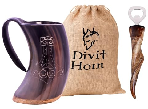 Divit Horn Divit - Tazza in corno vichingo, autentica boccale in corno di birra medievale, capacità 680,4 g, tazza in corno (grande Mjolnir (1 l), lucidato)