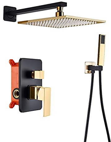 GLYYRLR Colonna Doccia Nero d'oro Set Doccia in Ottone Montaggio a Parete Monocomando Sistema Doccia con Soffione a Mano, Soffione Doccia,12 inch
