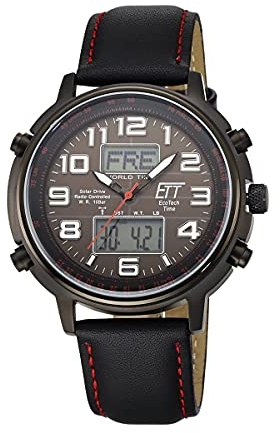 ETT Eco Tech Time Funk Solar Weltzeit Herren Uhr Chronograph mit Leder Armband EGS-11452-22L