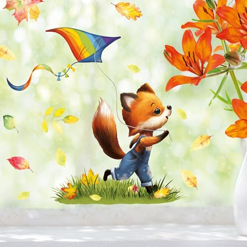 Wandtattoo Loft Fensterbild Herbst Herbstblätter Fuchs mit Drachen wiederverwendbare Fensteraufkleber Kinderzimmer, 2. A3 Bogen