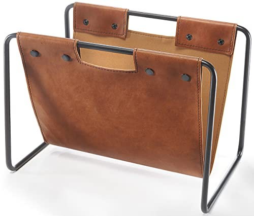 Kobolo Zeitungsständer, 37x24x27 cm, braun, Kunstleder & Metall, moderner Zeitschriftenhalter im Industrial Look, Organizer für Zeitungen, Magazine & Bücher, dekorativ und funktional