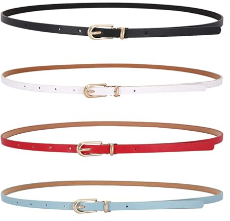 4st Kvinnor Skinny Läderbälte för klänningar Tunt midjebälte med metallspänne för Jeans Klänning Byxor（svart/vit/röd/blå)