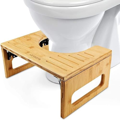 BUDDLEY Toilettenhocker klappbar - Bambus hocker - WC fussbank für die richtige Haltung - Klo hocker Erwachsene und Kinder - WC Hocker für eine natürliche Hockposition - Badezimmerhocker