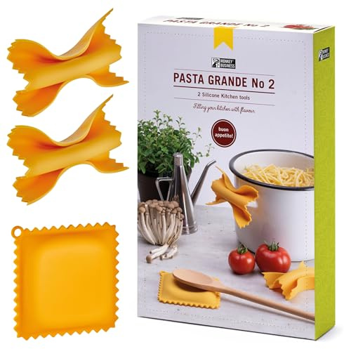 Monkey Business Pasta Shaped Silicone Kitchen Tools in a Gift Box / 2 of Our Big Pasta Shaped Kitchen Gadgets/Farfalloni Shaped Pot Grips, and Ravioli-Shaped Spoon Rest/Pasta Grande No. 2