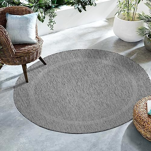 SIMPEX Outdoor Teppich Rund 200 cm Grau Bordüre Design Flachgewebe Wetterfest Waschbar Groß für Wohnzimmer Esszimmer Terrasse Garten