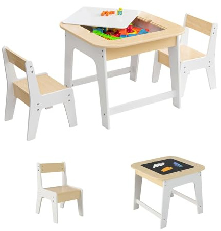 LIFEZEAL Juego de Mesa Infantil con 2 Sillas, Mesa de Actividad con Pizarra Doble Cara, Mesa Cuadrada con Tablero Extraíble y Almacenamiento Oculto, Conjunto de Mueble para niños (Natural+Blanco)