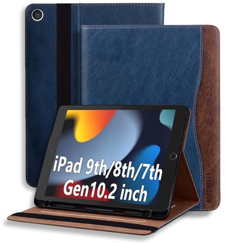 Custodia Cover per iPad 10,2 Pollici (9a/8a/7a Generazione, 2021/2020/2019) iPad Air 3 10.5 2019 Protettivo Fascia Elastica con Pencil Holder Supporto in Pelle PU con Auto Svegliati/Sonno Blu