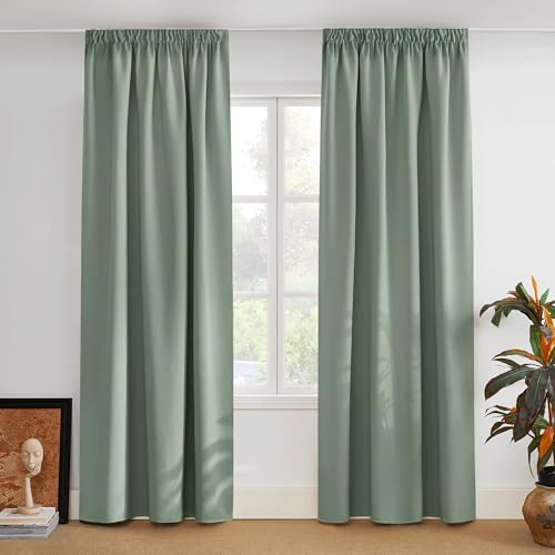 PONY DANCE Gardinen Salbeigrün Wärmeisolierend Verdunklungsvorhänge | 2er Set, H 245 x B 140 cm, Vorhänge mit Kräuselband, für Wohnzimmer, UV-schutz, Thermogardinen Hitzeschutz, Blackout