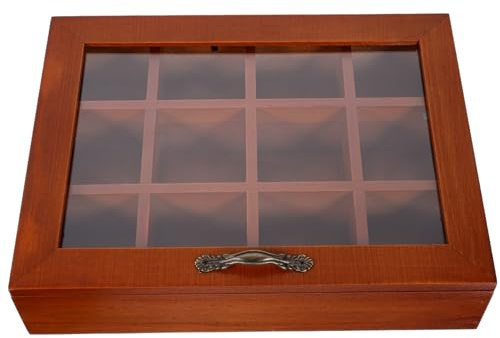 GOOHOCHY Caja Organizadora para 12 Compartimentos Bolsitas de Té | Tapa Transparente, Madera y Acero Inoxidable, Diseño Portátil y Compacto para Cocina y Comedor