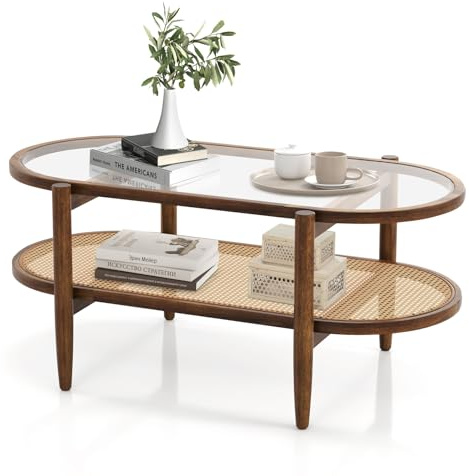 Multigot 2-Tier Coffee Table, Tempered Glass Cocktail Center Table | Accent Sofa Snack Tea Tables with PE Rattan Storage Shelf & Acacia Wood Legs for Living Room Bedroom Office